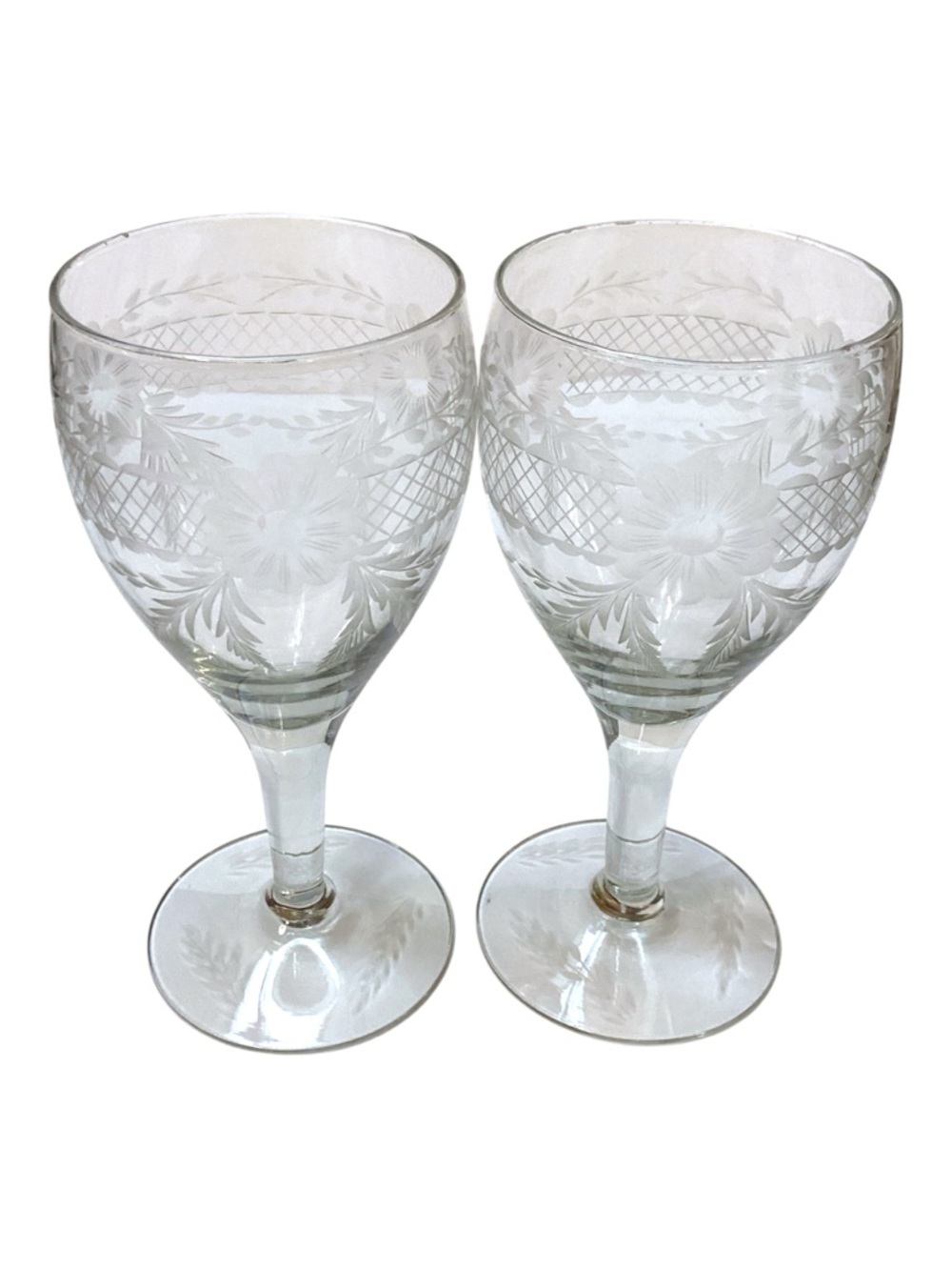 Set of 2 Vintage Crystal Wine Glasses Sunflower Crisscross Etched 6.5”